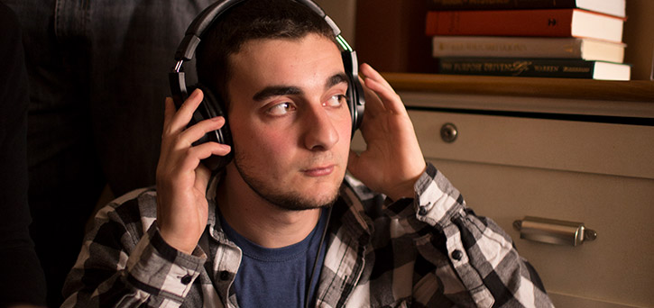 Nick Canonico records sound on the set of the Mason Film Lab. Photo by William Dickson.